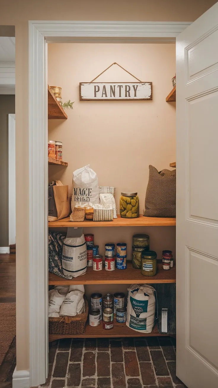 This small pantry, a testament to a successful pantry remodel, boasts charming farmhouse pantry decor.  The DIY kitchen renovation transformed this tiny pantry room into a functional and inviting space, showcasing clever storage solutions within the house pantry.