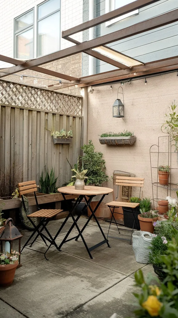 Maximize your small patio space with clever patio decor ideas. This small patio showcases how simple elements—a wooden table and chairs, wall-mounted planters, and a few potted plants—can create a welcoming and stylish small outdoor patios area. Find more uncovered patio ideas and patio ideas townhouse for your own backyard patio decor.
