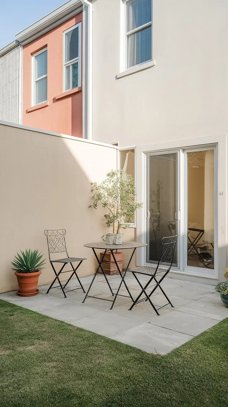 Maximize your townhouse living with this charming small patio.  Simple yet stylish, this uncovered patio showcases clever backyard patio decor and small patio design ideas, perfect for those seeking small patio ideas or inspiration for small outdoor patios.  Plenty of uncovered patio ideas are brought to life here, proving that even a small space can be a relaxing oasis.