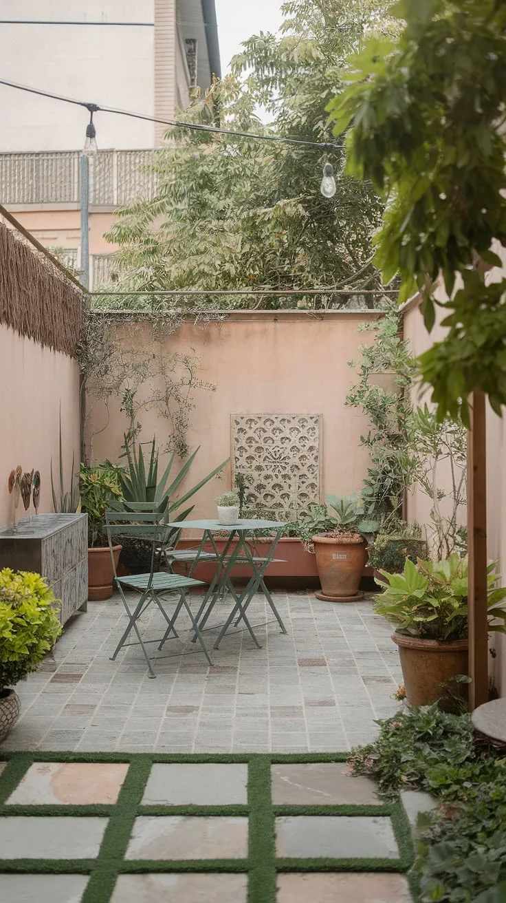 Escape the everyday in this serene small patio, perfect for quiet evenings.  Uncovered patio ideas abound, but this small patio design, with its thoughtful backyard patio decor and carefully chosen patio decor ideas, shows how even a small outdoor patios can be a haven.  Plenty of inspiration for patio ideas townhouse owners here!