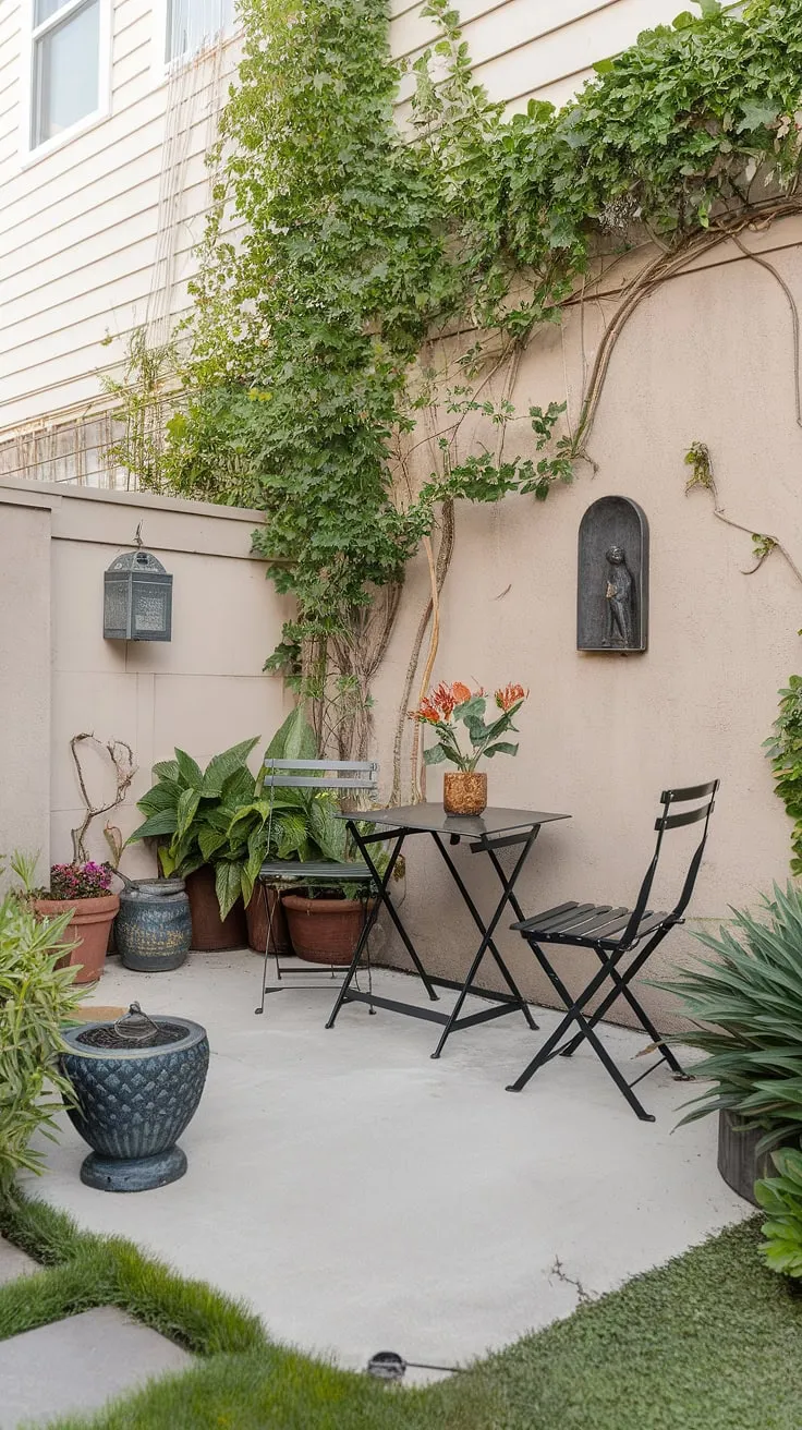 Transform your small patio into a personal sanctuary with these simple yet stylish backyard patio decor ideas. This uncovered patio, nestled in a townhouse backyard, showcases how a little creativity can go a long way.  Get inspired by this small patio design and discover more small patio ideas and patio ideas townhouse for your own small outdoor patios.  Browse more uncovered patio ideas to create the perfect small patio for relaxing and entertaining.