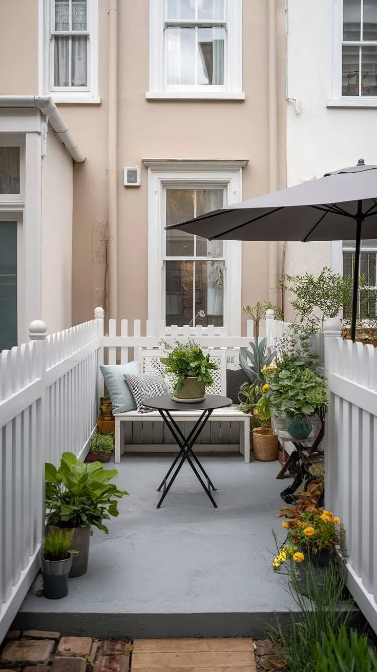 Cozy and inviting, this small patio proves that even a townhouse backyard can offer a tranquil escape.  Simple backyard patio decor, including a few potted plants and a white bench, creates a charming atmosphere.  Perfect examples of small patio ideas and uncovered patio ideas for maximizing space and style. This small patio design showcases how to create a beautiful outdoor oasis with smart patio decor ideas and small outdoor patios.