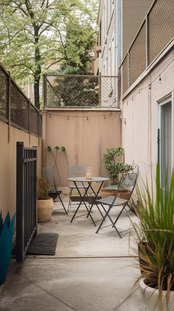 This small patio, tucked away in a townhouse backyard, proves that even the smallest spaces can be transformed into inviting outdoor retreats.  Simple patio furniture and a touch of greenery create a charming atmosphere, offering endless uncovered patio ideas and patio decor ideas for townhouse living.  Explore small patio ideas and small patio design to maximize your space and create the perfect backyard patio decor.