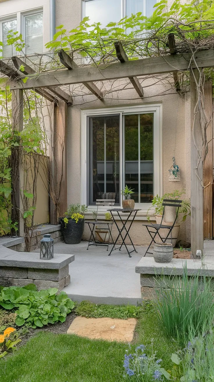 Escape the everyday in this charming small patio, a perfect blend of cozy and inviting.  Uncovered patio ideas abound, but this townhouse backyard oasis showcases the beauty of simplicity with thoughtful patio decor ideas and small patio design.  From the stone wall to the vine-covered pergola, every detail contributes to the serene atmosphere.  Find inspiration for your own small outdoor patios and ideas backyard patio with this picture-perfect example of small patio ideas.