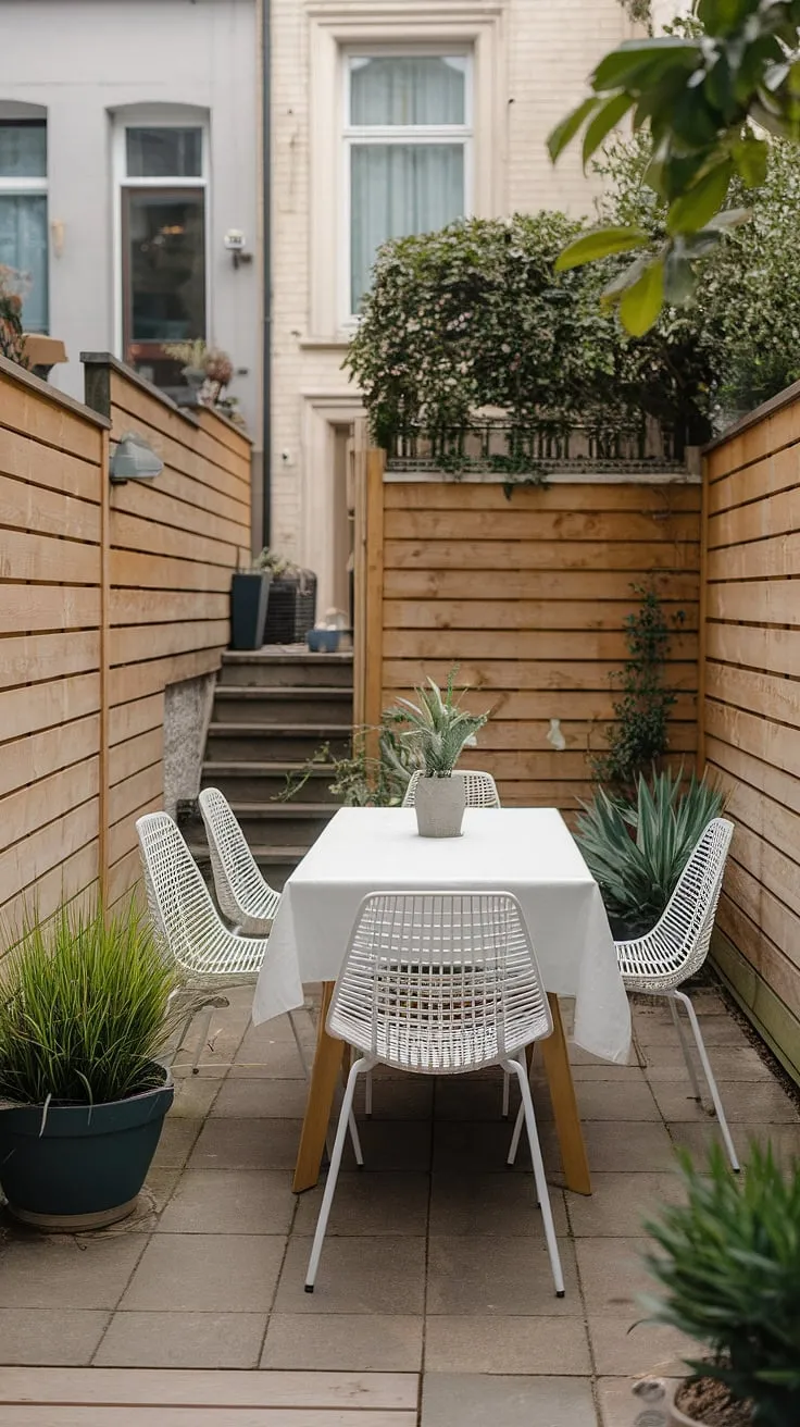 This small patio, a perfect example of uncovered patio ideas for townhouses, proves that even a small space can be a stylish oasis.  The clean lines of the furniture and the simple backyard patio decor create a sophisticated small patio design, offering inspiring ideas backyard patio and small outdoor patios.  Plenty of small patio ideas are packed into this charming spot.