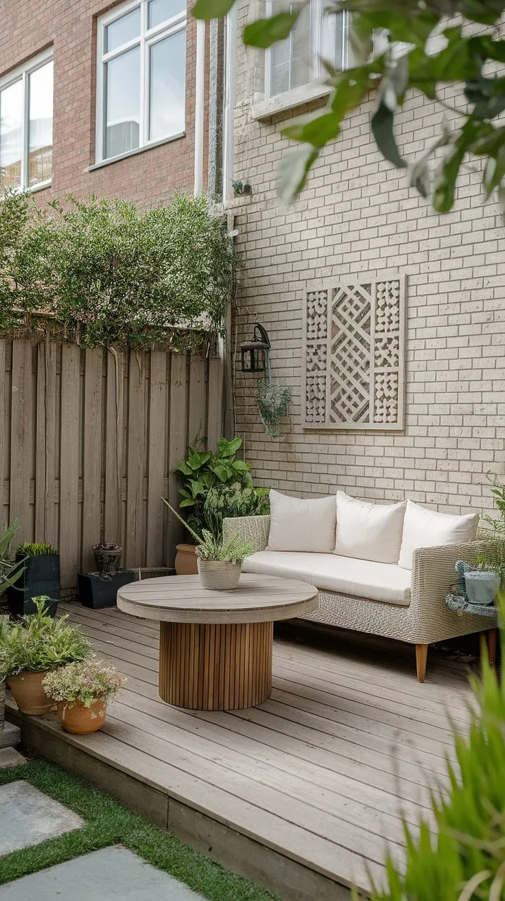 Uncovered patio ideas don't have to be boring! This small patio design proves that even a small space can be a stylish and inviting retreat.  With simple patio decor ideas like potted plants and a white wicker sofa, this small patio becomes a perfect spot for enjoying the outdoors.  Get inspired by this patio ideas townhouse example for your own backyard patio decor.