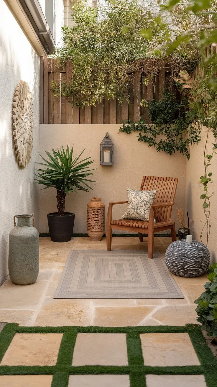 Escape the everyday in this charming small patio, a perfect blend of cozy and inviting.  Uncovered patio ideas abound with this townhouse backyard oasis, showcasing simple yet stylish patio decor ideas and small patio design at its finest.  From the woven basket to the carefully chosen plants, every detail contributes to the serene atmosphere.  Explore more ideas backyard patio and small outdoor patios for your own slice of tranquil living.