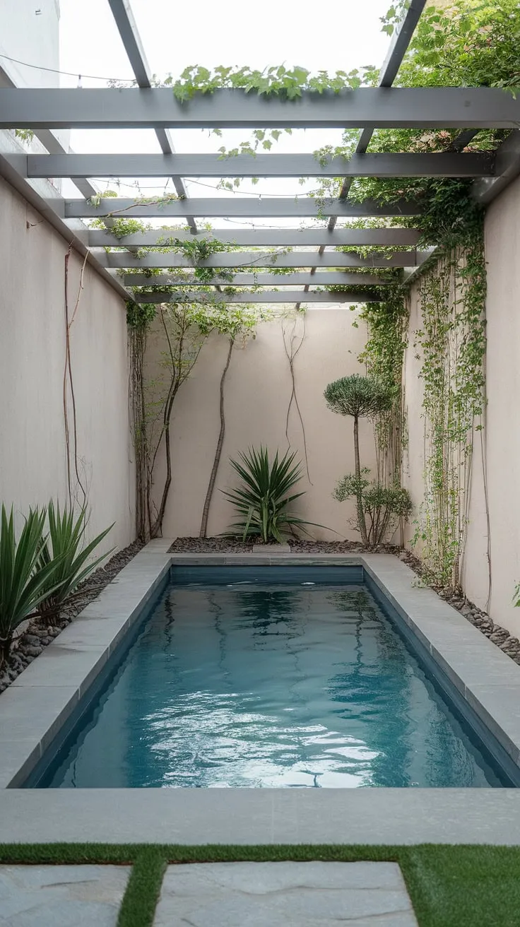 Dive into serenity with this stunning small modern pool.  Small backyard pool landscaping doesn't have to be complicated; this design showcases how a sleek rectangular pool, combined with a pergola and lush greenery, transforms a small garden with pool into a private sanctuary.  Explore small backyard pool designs and plunge pool ideas for small spaces to create your own perfect escape.  This is the epitome of cozy backyard ideas on a budget, proving that a little goes a long way.