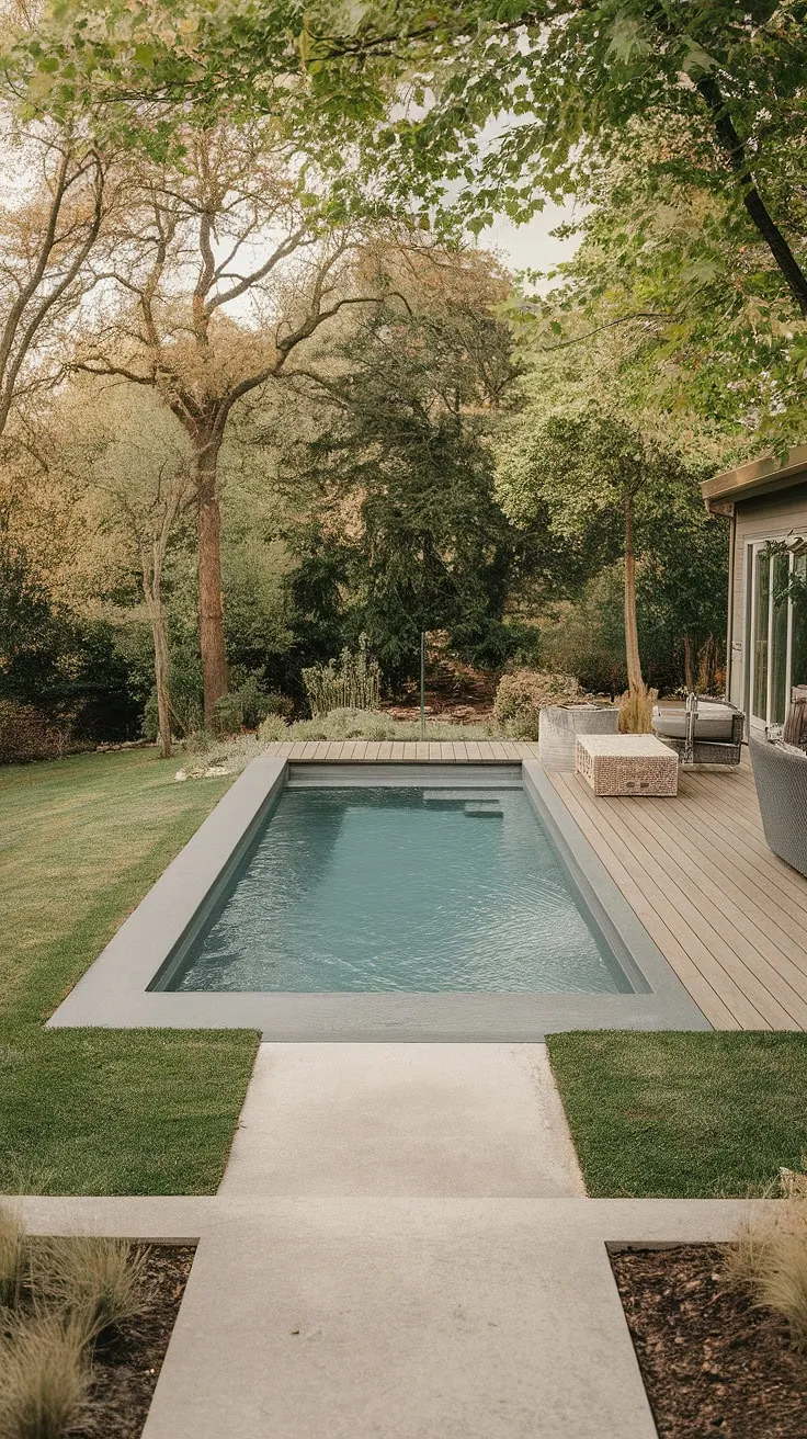 Escape the everyday in this cozy backyard oasis featuring a small modern pool.  This small backyard pool landscaping design proves that even small spaces can offer luxurious relaxation.  Explore more small backyard with pool ideas and plunge pool ideas for small spaces, perfect for backyard landscaping with pool ideas and small garden with pool designs on a budget.
