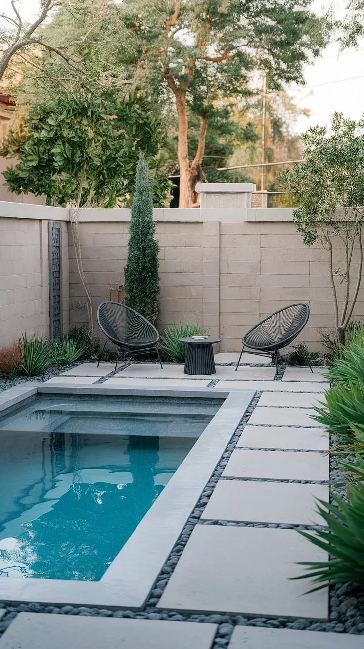 Escape the everyday in this serene small pool backyard.  Clever landscaping maximizes space, showcasing how even a small garden with pool can feel luxurious. This is proof that cozy backyard ideas on a budget are achievable, featuring a small modern pool and inspiring small backyard pool designs.  Plunge pool ideas for small spaces don't get much better than this.  Explore small backyard pool landscaping and backyard landscaping with pool ideas for your own oasis.