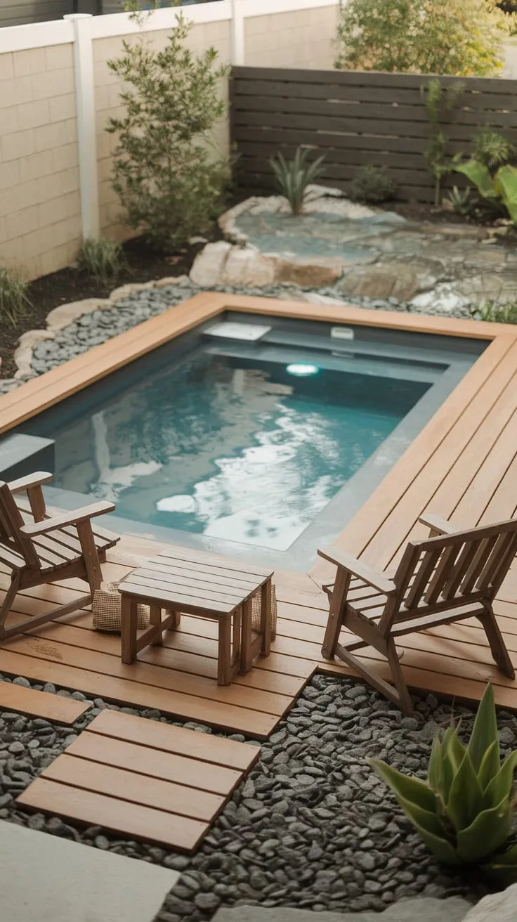 Transform your small backyard into a tranquil oasis with this modern plunge pool.  This design showcases clever small backyard pool landscaping, offering cozy backyard ideas on a budget without compromising style.  Perfect examples of small backyard with pool ideas and small backyard pool designs, this small garden with pool proves that even small spaces can accommodate luxurious features.  Explore plunge pool ideas for small spaces and backyard landscaping with pool ideas to create your own private retreat.