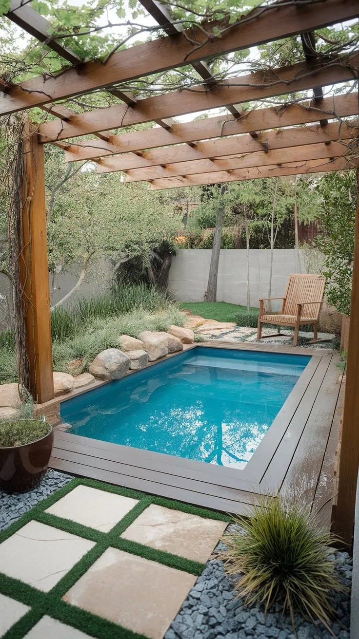 Transform your small backyard into a private retreat with this stunning small modern pool.  This small backyard pool designs features a charming pergola, natural stone accents, and lush greenery, offering inspiration for cozy backyard ideas on a budget.  Explore the possibilities of small pool backyard design and find your perfect small backyard pool landscaping solution with this inspiring space.