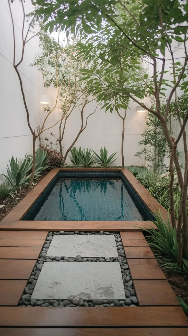 Escape the everyday in this serene small pool backyard.  Clever landscaping and a minimalist design maximize space and create a cozy oasis perfect for relaxation. This small garden with pool showcases how even a small modern pool can transform your outdoor space.  Explore these backyard landscaping with pool ideas for your own cozy backyard ideas on a budget, featuring small backyard pool designs and plunge pool ideas for small spaces.  Small backyard pool landscaping doesn't have to be complicated; sometimes, less is more.