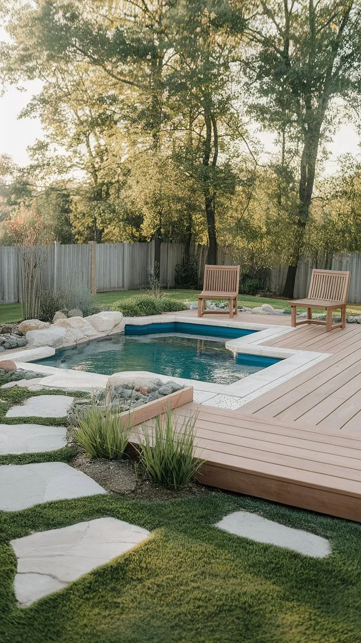 Escape the everyday in this cozy backyard oasis.  This small pool, nestled amongst thoughtfully designed landscaping, proves that even small spaces can offer big relaxation.  Find inspiration for your own backyard landscaping with pool ideas, from small garden with pool designs to budget-friendly options.  This small modern pool and its surrounding deck create the perfect spot for quiet contemplation or a refreshing dip.  Consider these plunge pool ideas for small spaces if you're dreaming of a personal retreat.