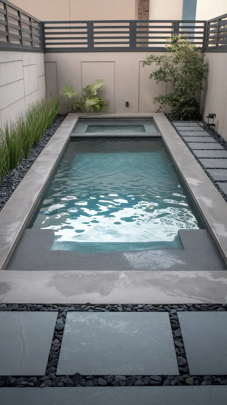 Transform your small space into an oasis with this stunning small pool backyard.  This small modern pool is a testament to how effective small backyard pool landscaping can be, offering a stylish and functional addition to your small garden with pool.  Explore cozy backyard ideas on a budget with this minimalist design, proving that plunge pool ideas for small spaces don't have to compromise on style.  This small backyard with pool ideas is the perfect inspiration for creating your own private retreat, showcasing the beauty of small backyard pool designs.