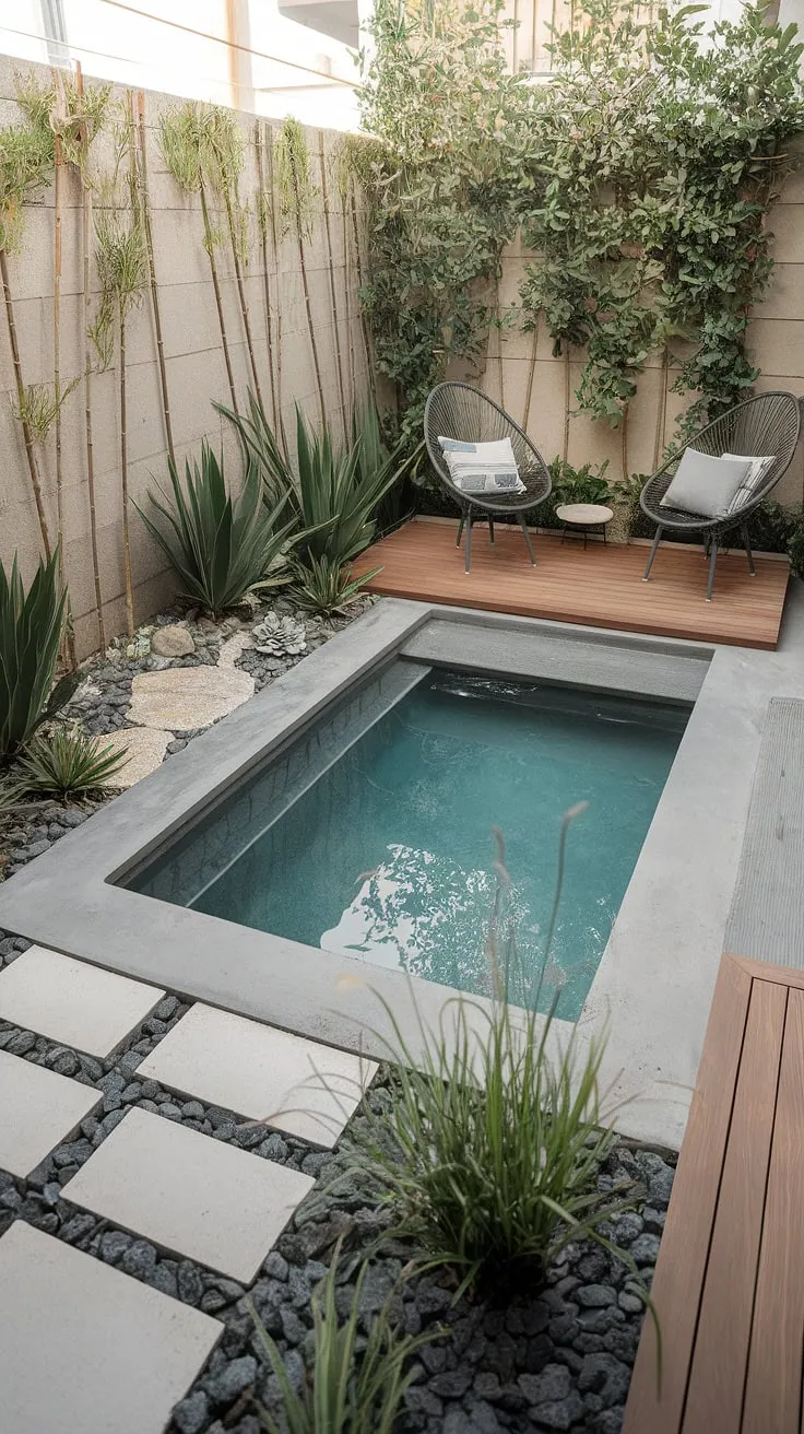 Escape the everyday in this cozy backyard oasis.  This small pool backyard boasts stunning small backyard pool landscaping, showcasing clever plunge pool ideas for small spaces and small garden with pool designs.  Perfect for those seeking backyard landscaping with pool ideas on a budget, this small modern pool and its minimalist design prove that big relaxation doesn't require a big space.  Find inspiration for your own small backyard with pool ideas or small backyard pool designs here.