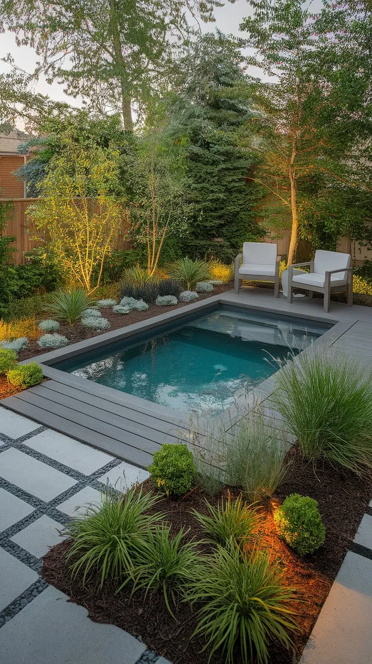 Transform your small backyard into a luxurious retreat with this stunning plunge pool design.  This small modern pool, nestled amongst thoughtfully planned backyard landscaping with pool ideas, proves that even a cozy backyard ideas on a budget can offer big impact.  The small garden with pool and surrounding small backyard pool landscaping create a tranquil oasis perfect for relaxation. This showcases small backyard pool designs and plunge pool ideas small spaces beautifully.