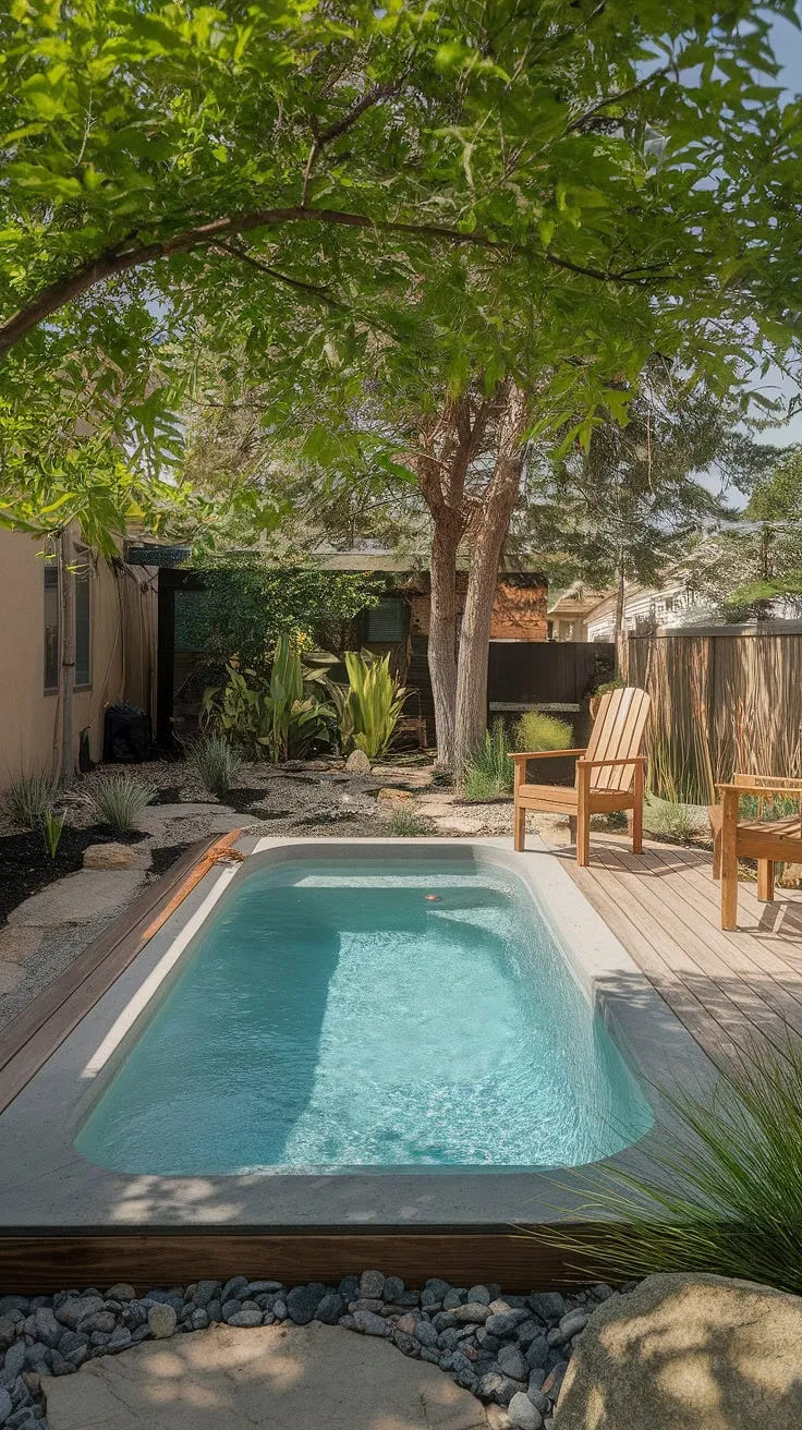 Escape the everyday in this cozy backyard oasis.  Our small pool backyard boasts a modern plunge pool, perfect for relaxation and entertaining, proving that even small garden with pool dreams can come true with clever small backyard pool landscaping. This is the epitome of small backyard pool designs and plunge pool ideas small spaces, offering backyard landscaping with pool ideas on a budget.