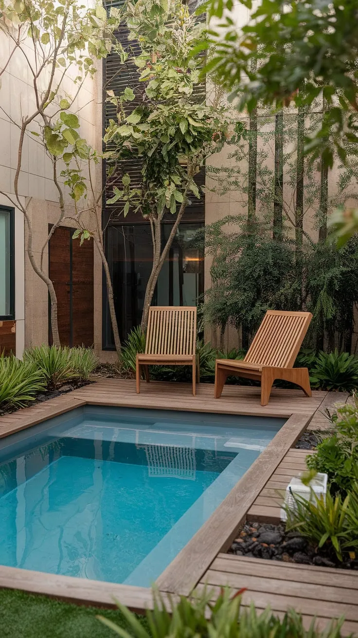 Transform your small backyard into an oasis with this stunning small pool.  This small backyard with pool ideas demonstrates how effective small backyard pool landscaping can be, even in limited space.  The small modern pool and wooden deck create a tranquil atmosphere, perfect for unwinding. Explore more small pool backyard designs and plunge pool ideas small spaces for your own backyard paradise.