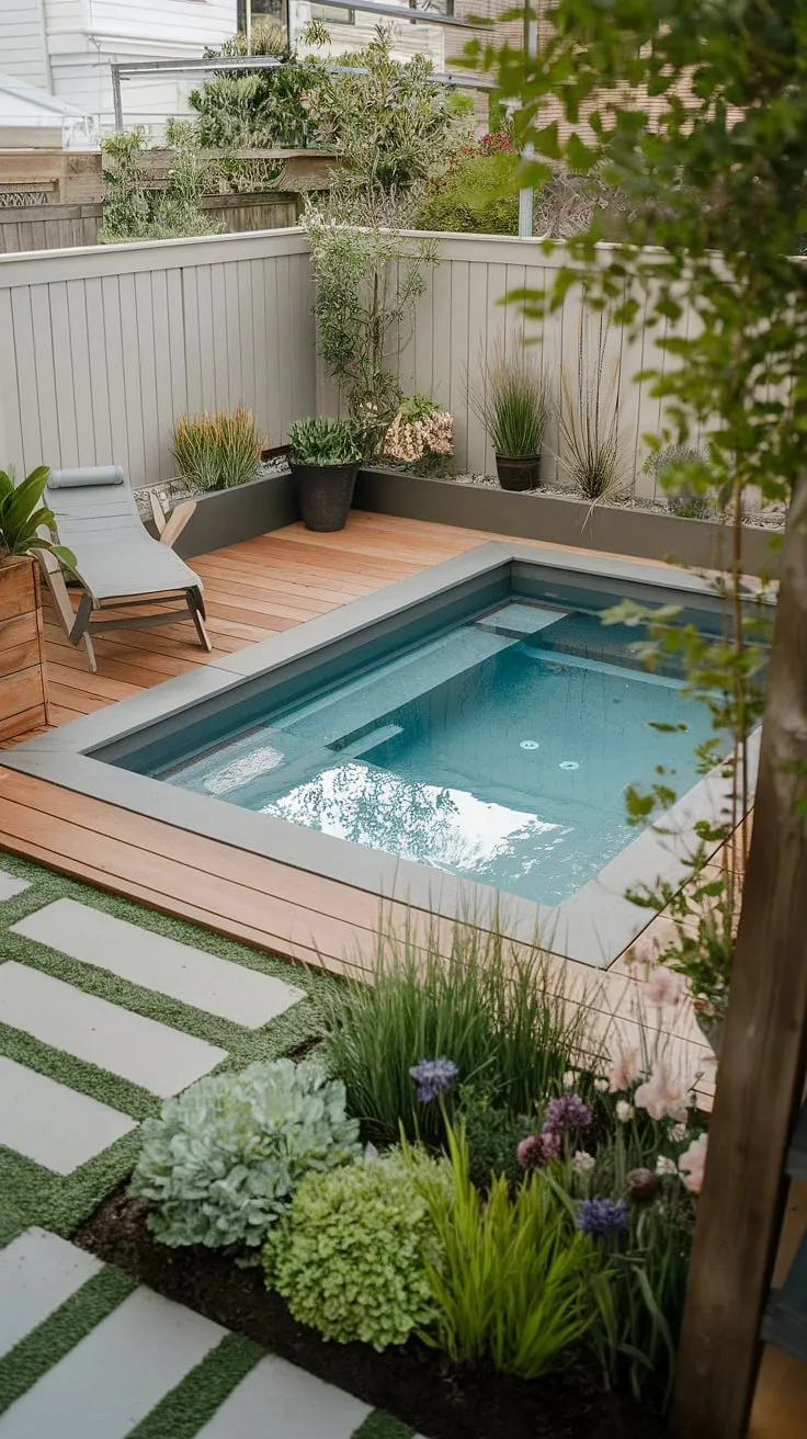 Transforming a small backyard into a tranquil oasis is easier than you think! This cozy backyard, featuring a small modern pool and thoughtfully designed small garden with pool, showcases the beauty of small backyard pool landscaping.  Plenty of plunge pool ideas for small spaces are brought to life here, proving that backyard landscaping with pool ideas can be achieved even on a budget.  This small backyard with pool ideas demonstrates how a small pool backyard can be a luxurious retreat.