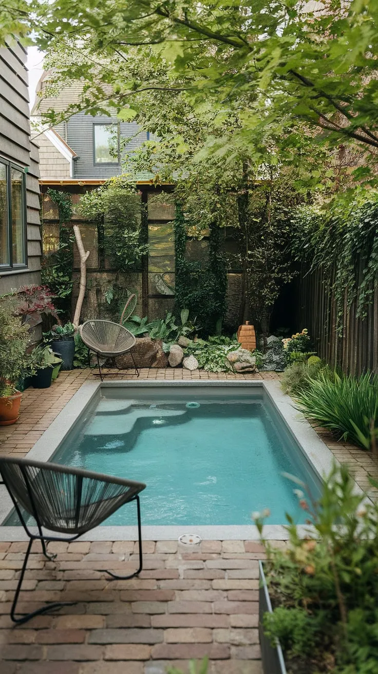 Escape the everyday in this serene small pool backyard.  Clever landscaping maximizes space, showcasing how even a small garden with pool can create a luxurious oasis. This is proof that cozy backyard ideas on a budget are achievable, featuring a stunning small modern pool and inspiring small backyard pool designs.  Explore plunge pool ideas for small spaces and find your perfect backyard landscaping with pool ideas.