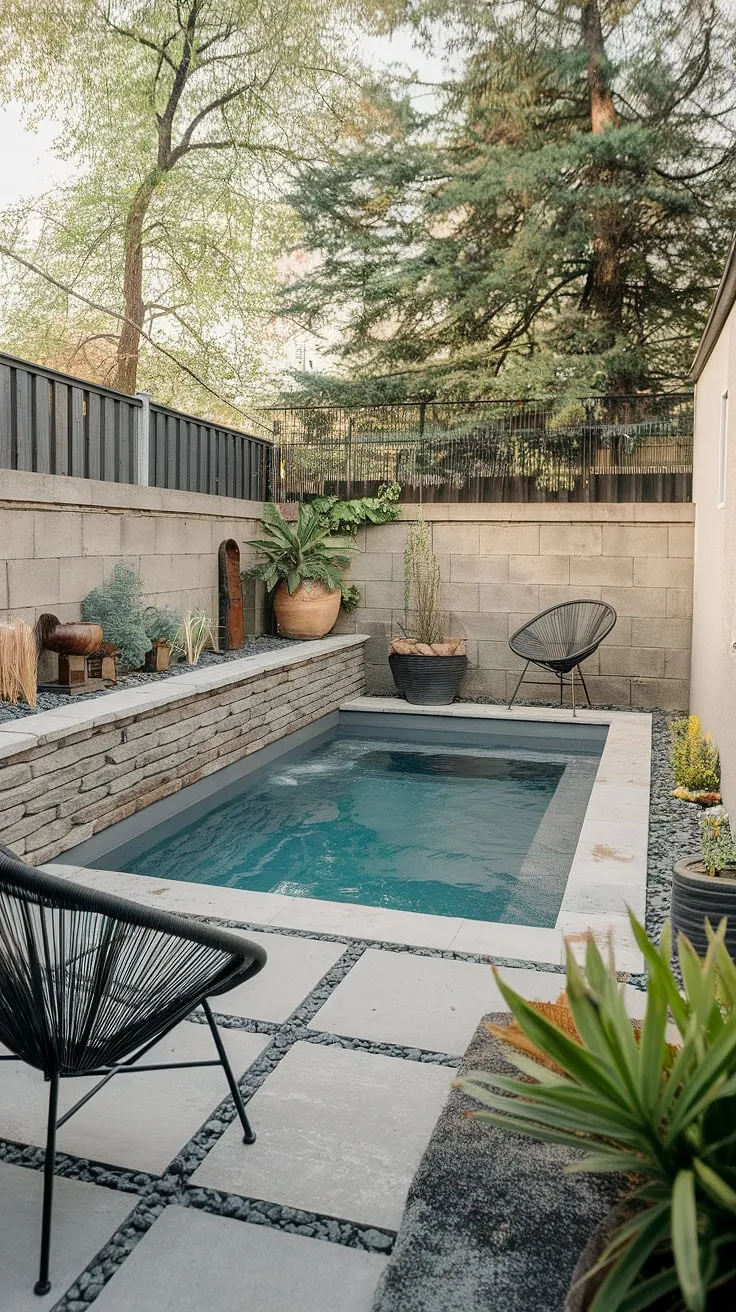 This small modern pool is the perfect addition to this cozy backyard.  See how simple small backyard pool designs can create a stunning and functional space.  Get inspired by these backyard landscaping with pool ideas, perfect for those with limited space.  This small garden with pool is a testament to how effective small backyard pool landscaping can be, even on a budget.  Explore plunge pool ideas for small spaces and discover the possibilities of a small pool backyard.
