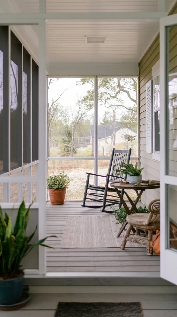 Charming Small Screened Porch with Modern Farmhouse Vibes