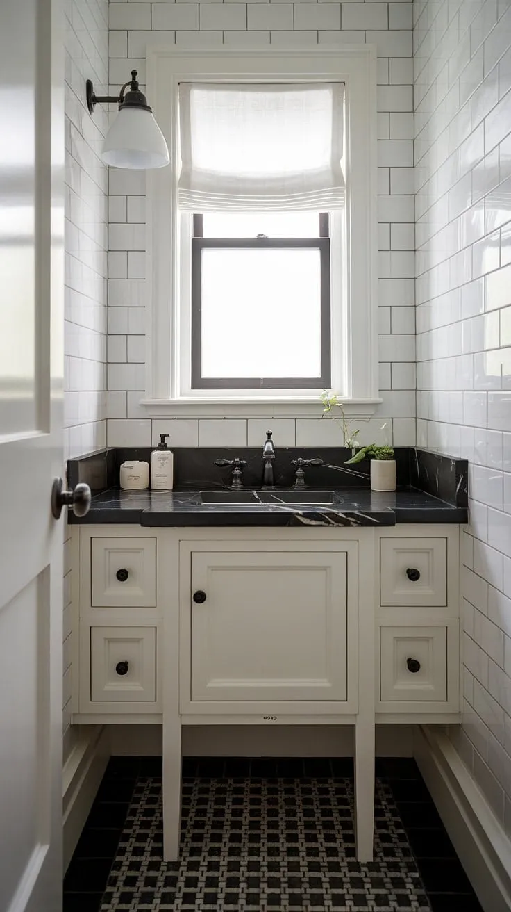Maximize style in your small guest bathroom with this stunning powder room vanity. This custom bathroom showcases how a custom bathroom vanity can transform even the smallest powder room. The black marble countertop and white sink, paired with black and white checkered flooring, create a chic and functional tiny powder rooms design. Ideal for small guest bathroom ideas and half baths.