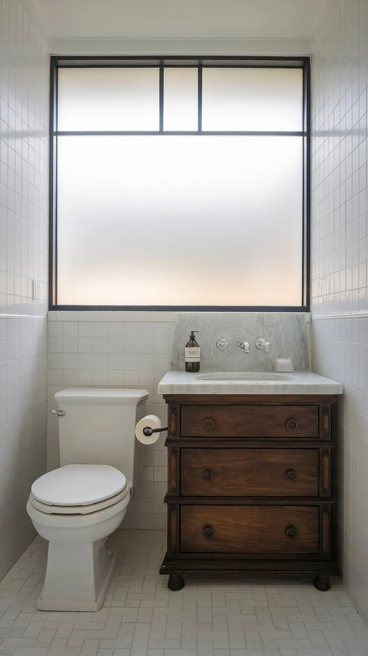 This custom bathroom vanity transforms this small guest bathroom into a sophisticated retreat. See how we maximized style in this small powder room, offering inspiration for your own tiny powder rooms and half baths.