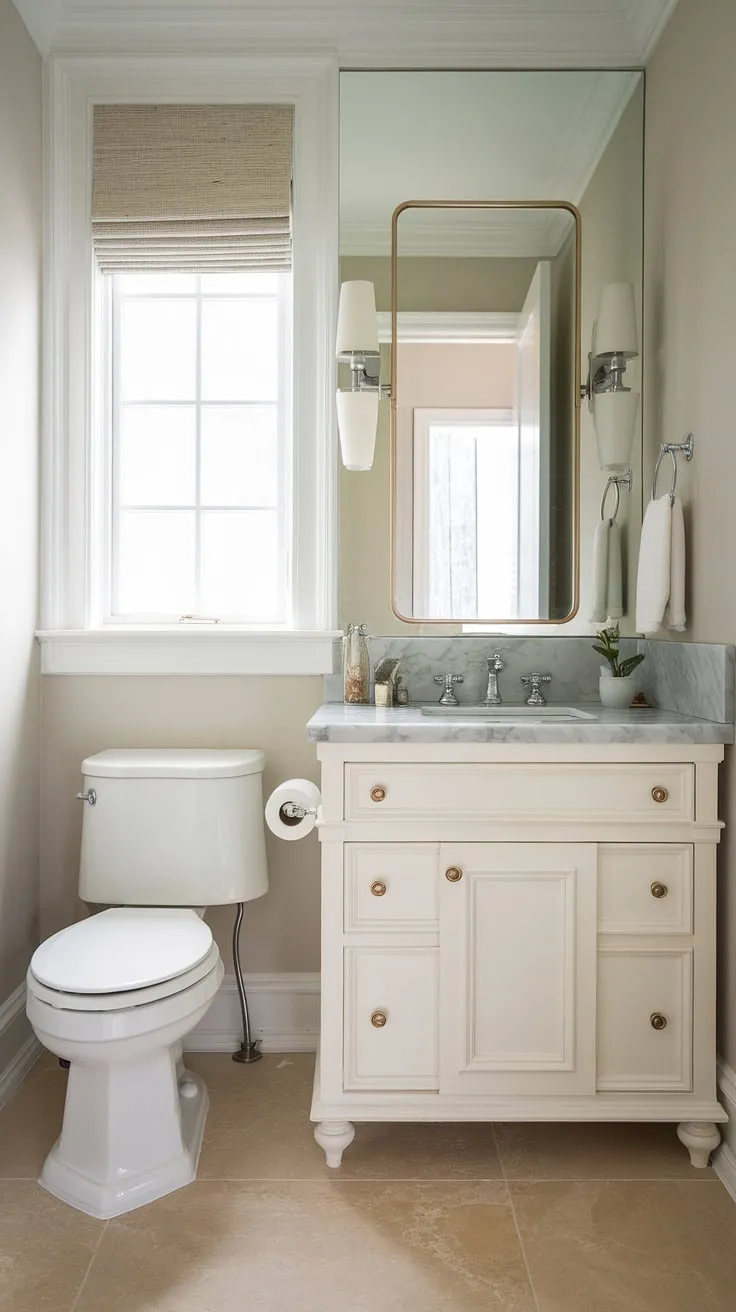 This custom bathroom vanity transforms this small guest bathroom into a sophisticated retreat. Clever design solutions prove that even tiny powder rooms can boast big style. Explore more small guest bathroom ideas for half baths.