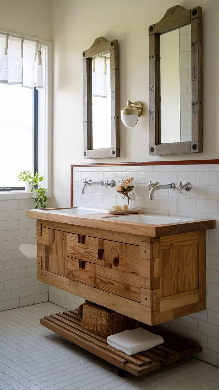 This small powder room proves that even tiny spaces can be luxurious. The custom bathroom vanity, crafted from rich wood and featuring dual sinks with wall-mounted faucets, maximizes functionality in this small guest bathroom. The decorative mirror and small plant add personality, showcasing clever small guest bathroom ideas for half baths. A perfect example of how a custom bathroom design can transform a tiny powder rooms into a stylish and efficient space.