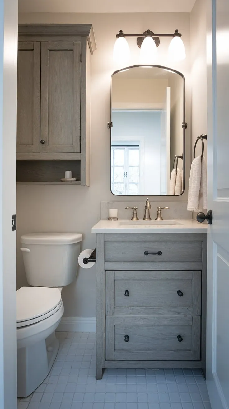 This small powder room proves that even tiny spaces can be luxurious. The custom bathroom vanity, crafted from gray-toned wood, maximizes the limited footprint, offering both style and functionality in this small guest bathroom. Perfect small guest bathroom ideas for half baths and tiny powder rooms alike.