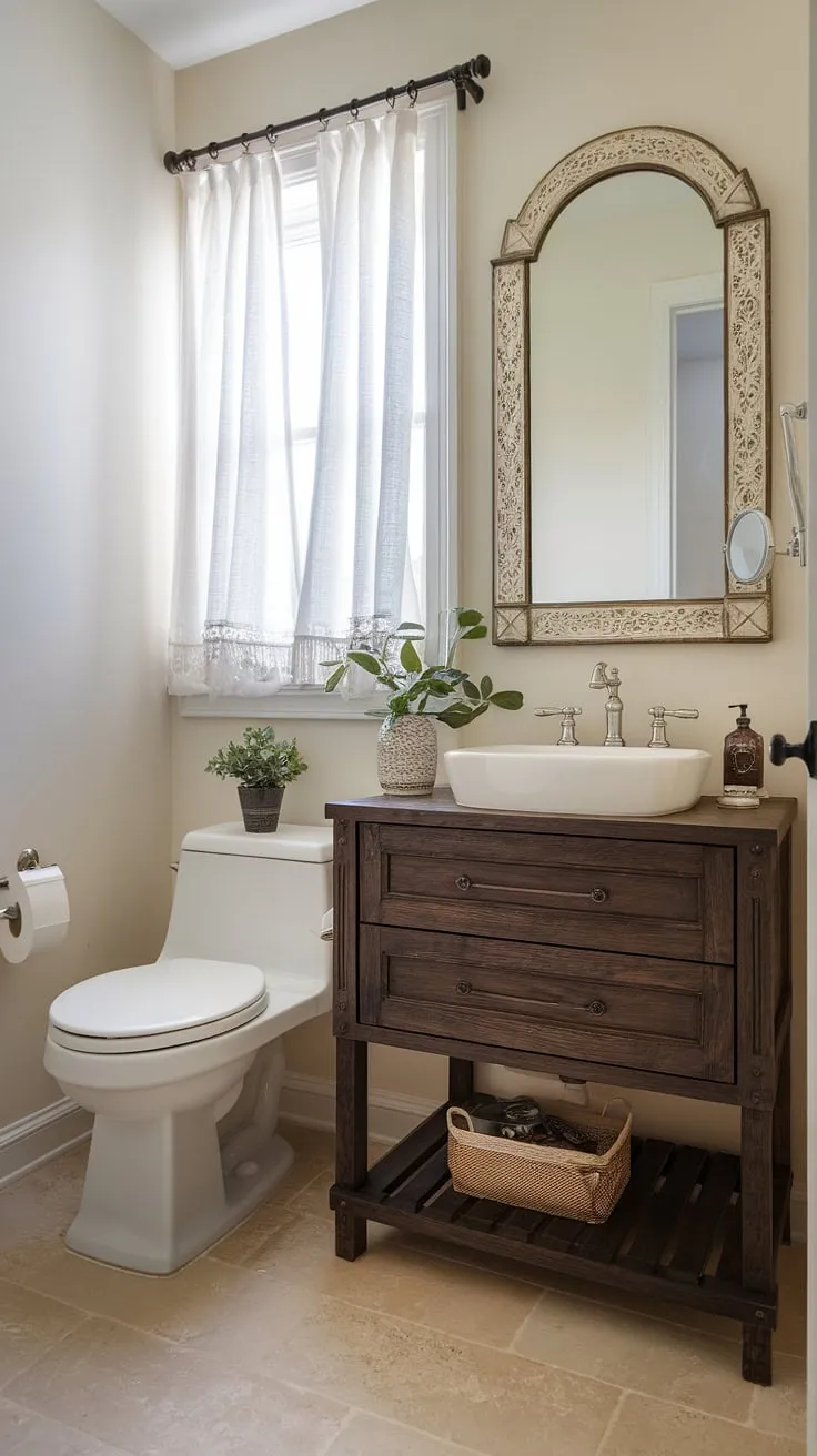 Maximize space and style in your small guest bathroom with clever design choices like this custom bathroom vanity. This half bath demonstrates that even tiny powder rooms can feel spacious and sophisticated. The dark wood powder room vanity contrasts beautifully with the white toilet and sink, creating a chic and functional small powder room. Perfect inspiration for small guest bathroom ideas.