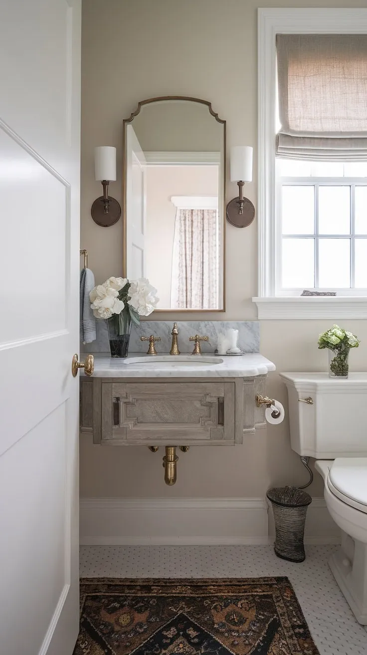 Maximize space and style in this small powder room. Custom bathroom vanity and clever design make this tiny powder room feel luxurious; perfect small guest bathroom ideas for half baths.