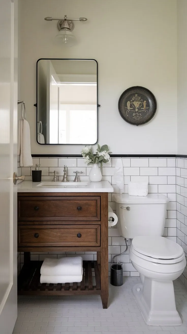 Maximize your small guest bathroom with this stunning example of a small powder room design. A custom bathroom vanity in a rich dark wood anchors this tiny powder rooms, offering ample storage despite its compact size. This half bath showcases clever small guest bathroom ideas, proving that even the smallest powder room vanity can make a big impact in a custom bathroom.