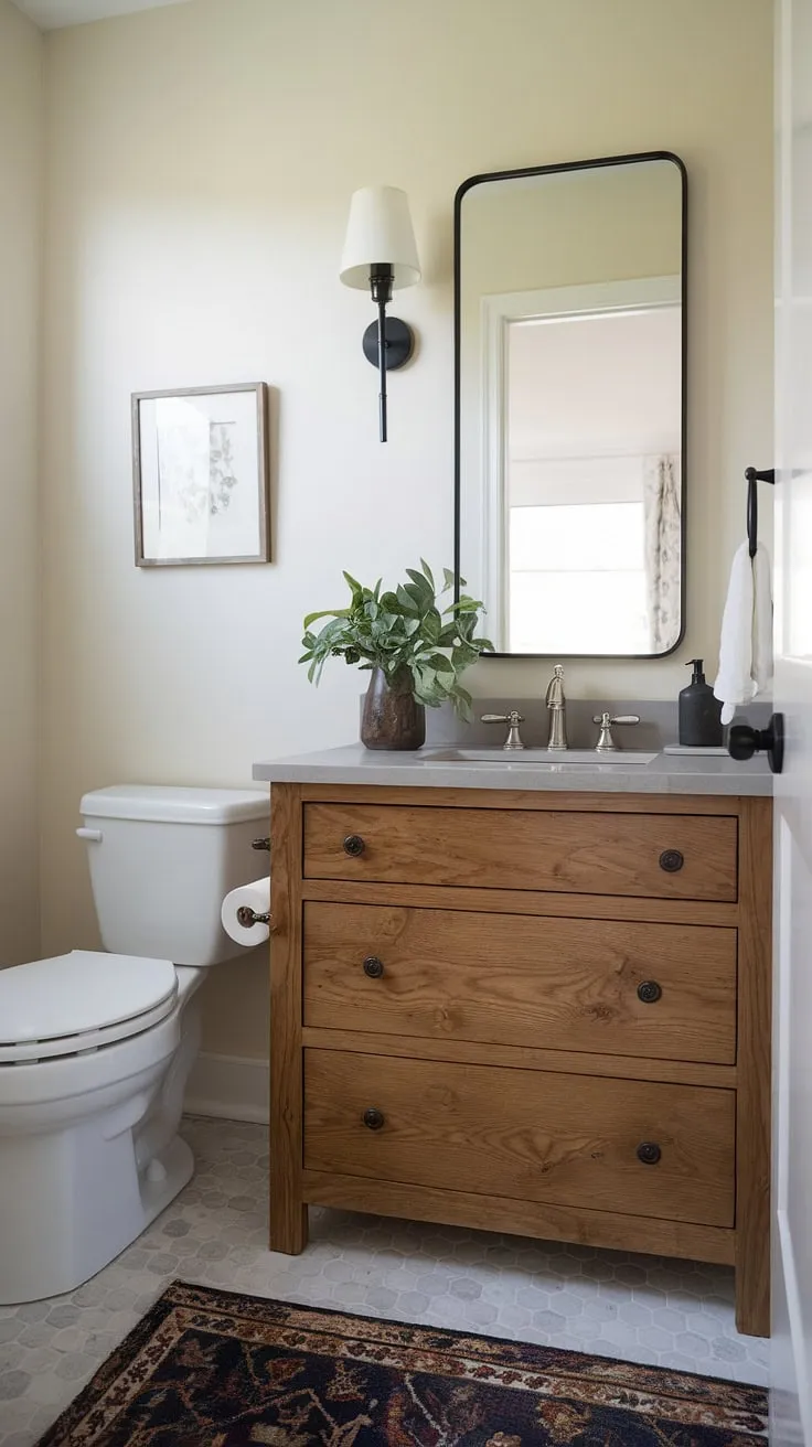 This small powder room proves that even tiny spaces can be stylish and functional. The custom bathroom vanity, a beautiful piece of craftsmanship, maximizes space while adding a touch of elegance. Perfect small guest bathroom ideas for those seeking a sophisticated half bath, this design showcases how a custom bathroom can transform a small guest bathroom into a luxurious retreat.