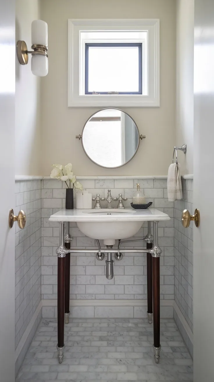Luxury redefined: A custom bathroom vanity anchors this small guest bathroom, showcasing how impactful design can be in half baths and small powder rooms. Clever solutions for small guest bathroom ideas.