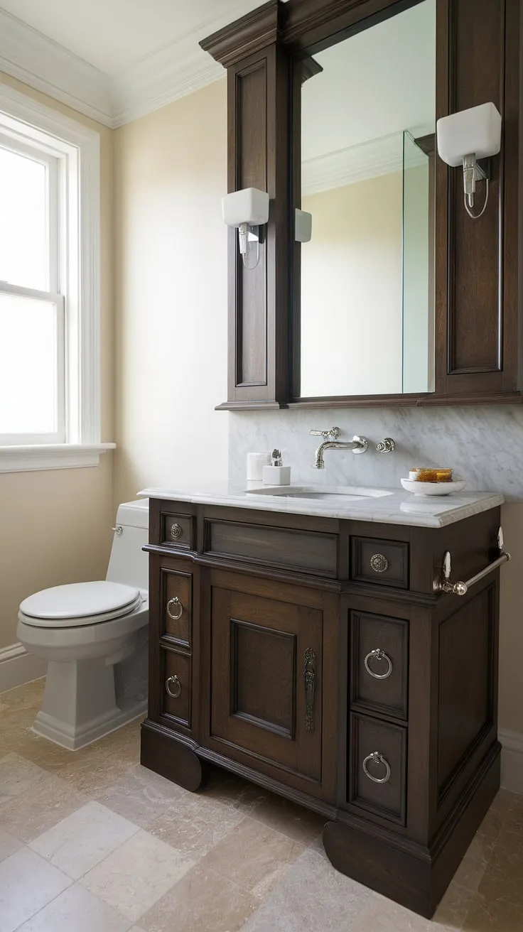 Transforming a tiny powder room into a luxurious retreat is easy with the right design choices. This custom bathroom vanity, with its sleek lines and marble countertop, is a stunning example of how to make the most of limited space in small guest bathrooms. The custom bathroom features are perfectly scaled for half baths, proving that even small guest bathroom ideas can be elegant and functional.