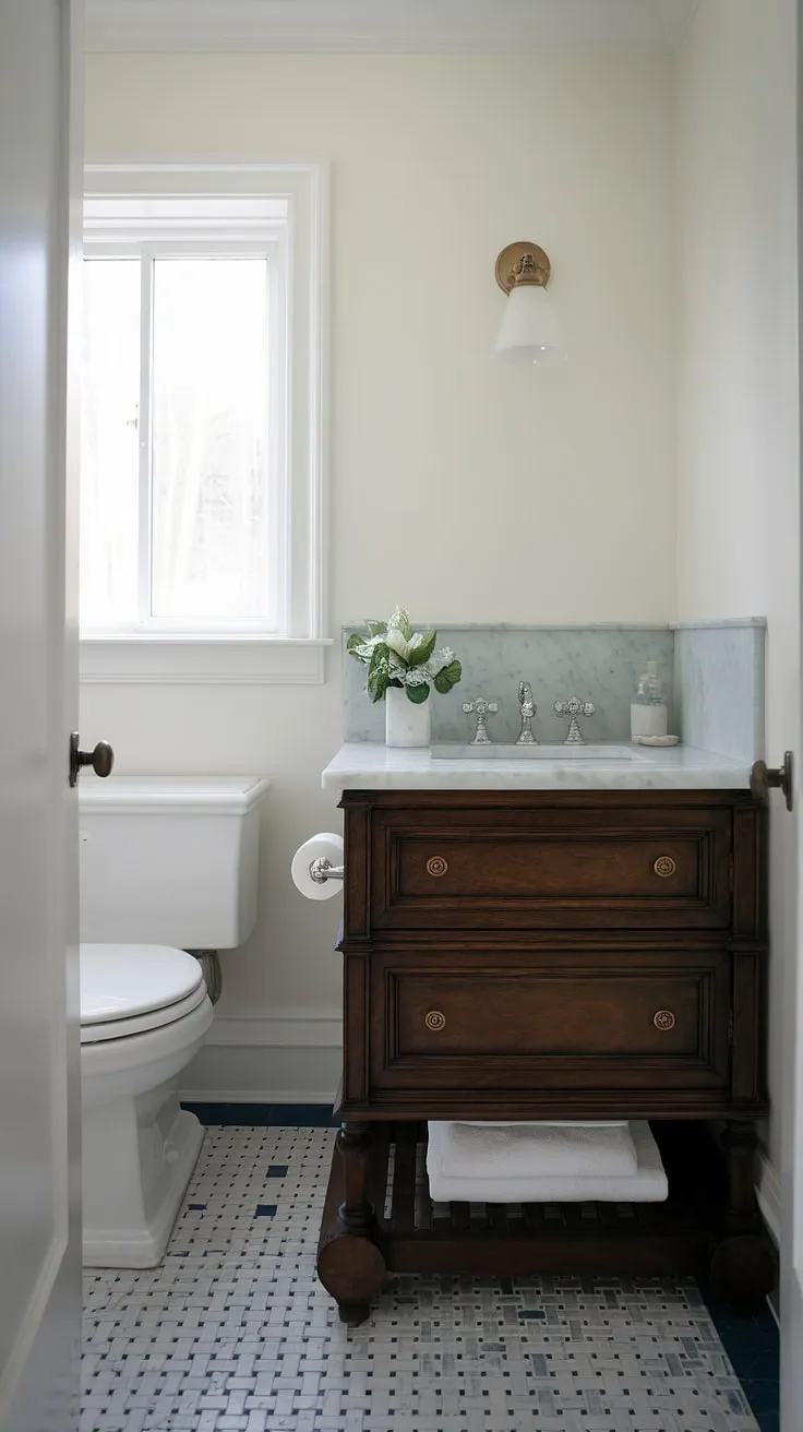 Maximize style in a minimal space. This custom bathroom vanity transforms this small powder room into a sophisticated small guest bathroom, proving that even tiny powder rooms can boast big design.
