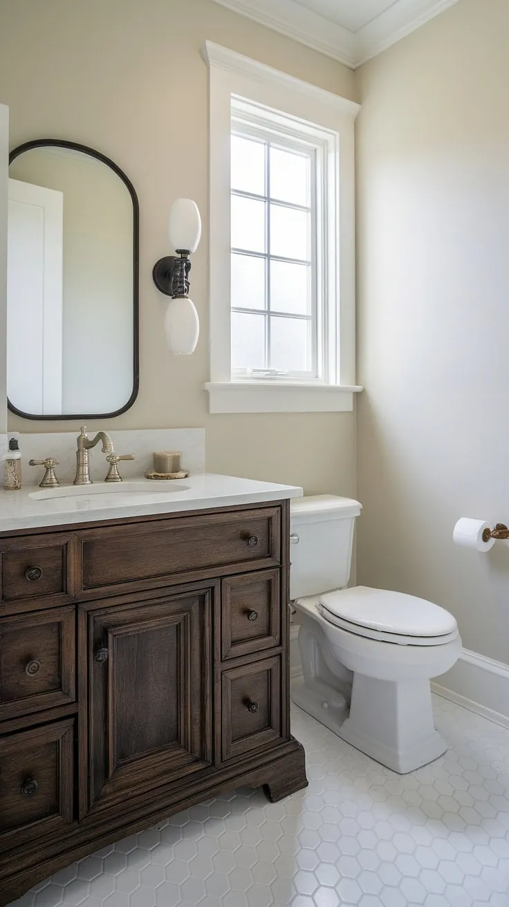 A custom bathroom vanity transforms this small guest bathroom into a sophisticated retreat. Clever design makes this tiny powder rooms feel spacious, offering inspiration for small guest bathroom ideas and half baths. The powder room vanity is the perfect focal point.
