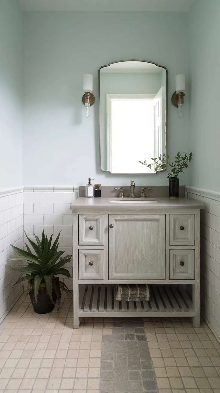 A stunning example of how a custom bathroom vanity can transform even the smallest guest bathroom. This powder room vanity's elegant design and light grey finish create a surprisingly spacious feel in this small guest bathroom. Perfect inspiration for tiny powder rooms and small guest bathroom ideas for half baths.