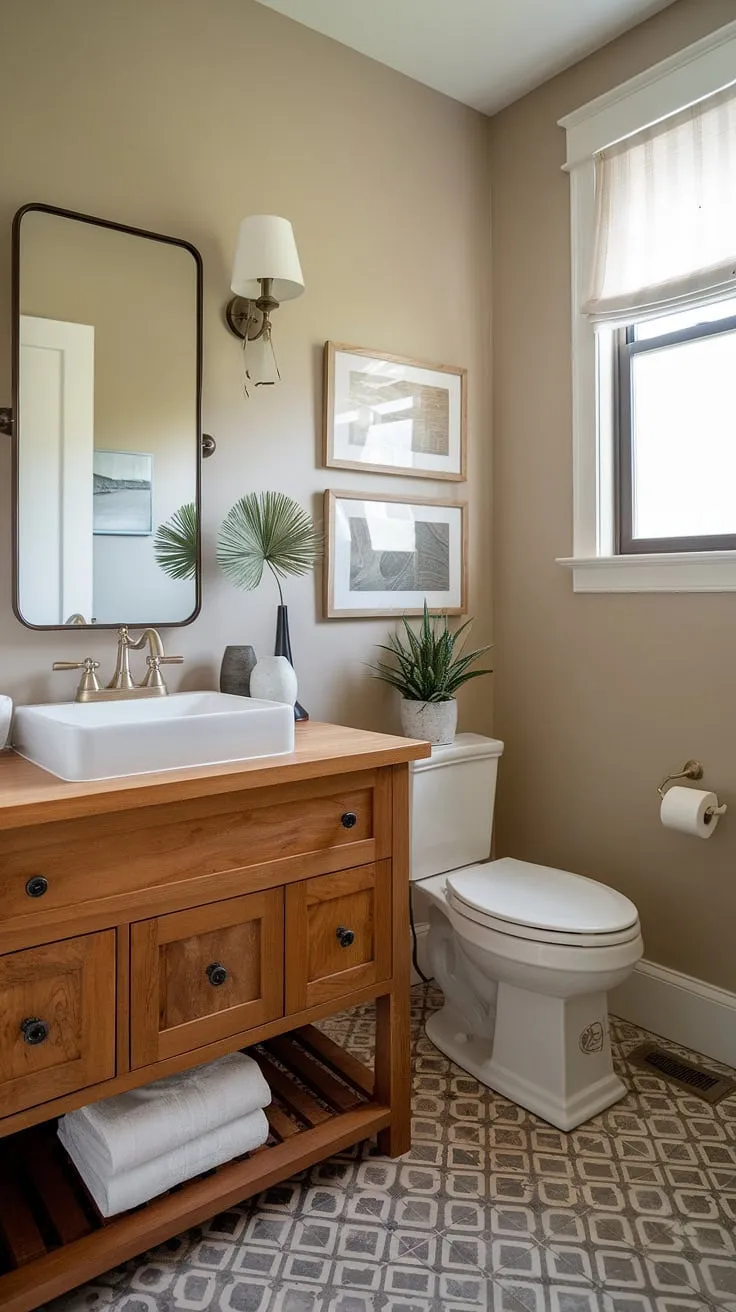 This charming small guest bathroom, or tiny powder room, showcases a stunning custom bathroom vanity, proving that even small spaces can boast big style. The custom bathroom vanity's warm wood complements the beige walls and patterned tile floor, creating a cozy and inviting atmosphere. Perfect for small guest bathroom ideas and half baths, this powder room vanity is a testament to efficient and elegant design.