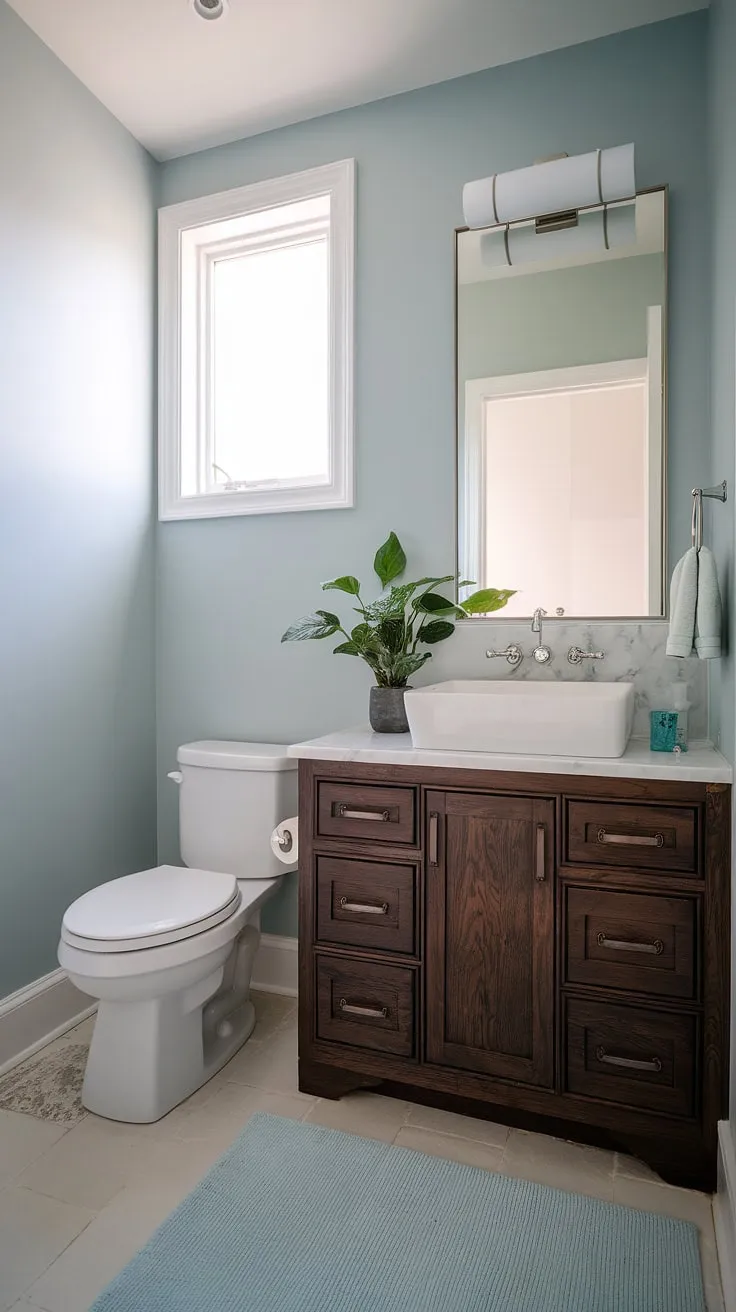 Maximize space and style in this small powder room. Custom bathroom vanity and clever design make this tiny powder room feel surprisingly spacious. Perfect small guest bathroom ideas for half baths.