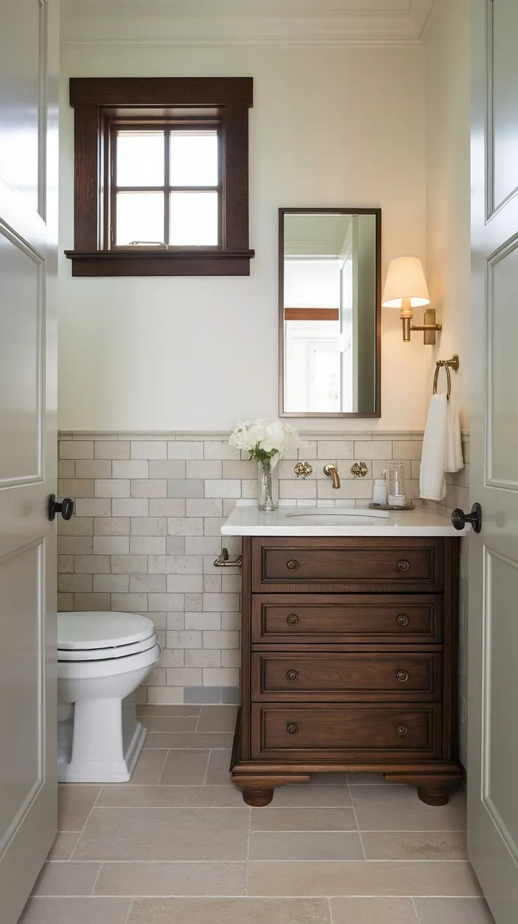 Maximize space and style in your small powder room. This custom bathroom vanity and clever design prove that even tiny powder rooms can be stunning small guest bathroom ideas. A perfect example of a custom bathroom done right.