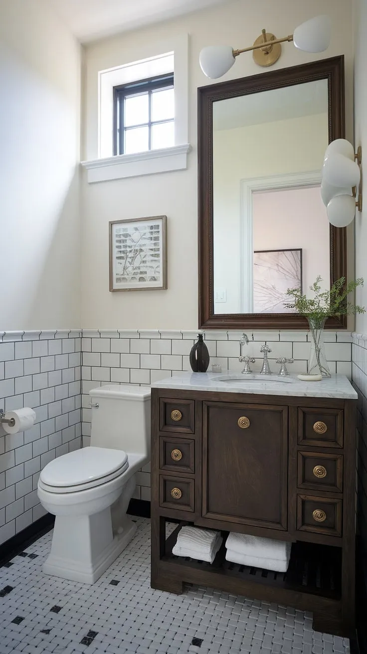 Maximize style in minimal square footage with this stunning small guest bathroom. A custom bathroom vanity, featuring a dark wood base and crisp white marble countertop, anchors this small powder room. The black and white checkered floor adds a touch of classic elegance to this half bath, showcasing how even tiny powder rooms can benefit from a custom bathroom design. This is prime inspiration for small guest bathroom ideas.
