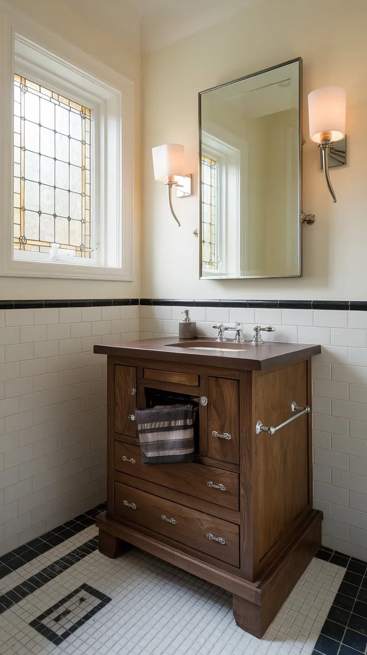 This small powder room boasts a stunning custom bathroom vanity, proving that even tiny powder rooms can be luxurious. The dark wood of the powder room vanity contrasts beautifully with the white and dark tiled floor, while the stained glass window adds a touch of elegance. Perfect small guest bathroom ideas for maximizing space and style in half baths.