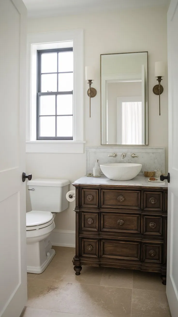 This small powder room boasts a stunning custom bathroom vanity with a white marble top and dark wood base, proving that even tiny powder rooms can be luxurious. Perfect small guest bathroom ideas for maximizing space and style in half baths.
