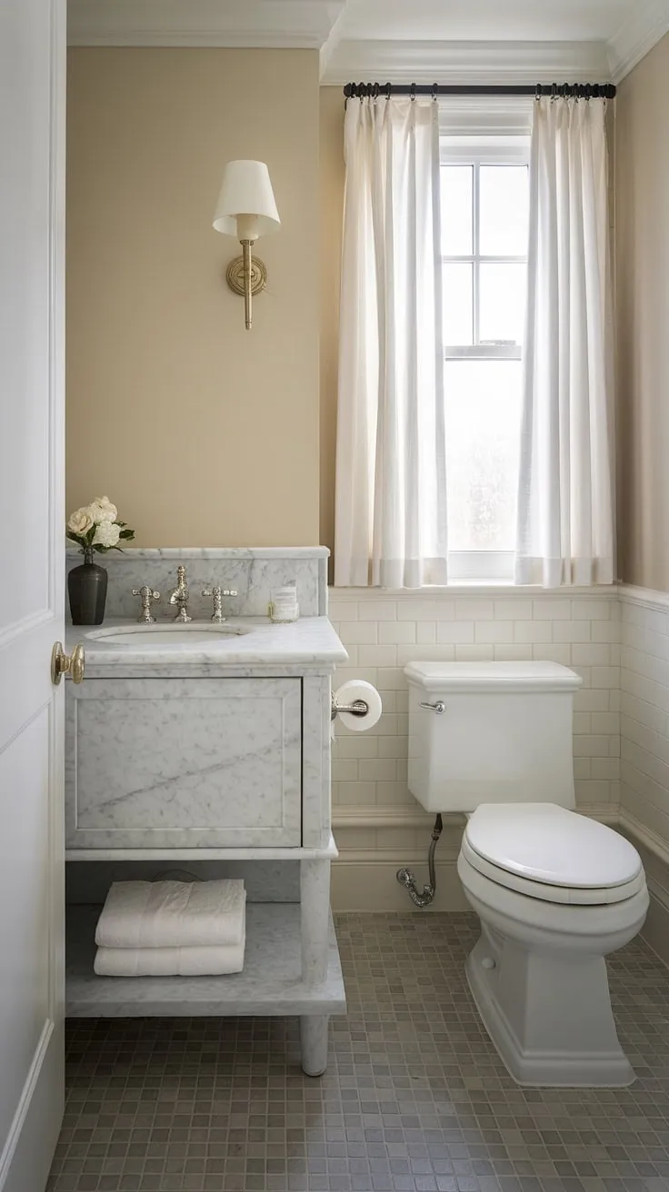 Maximize space and style in your small guest bathroom with this inspiring design. This half bath features a custom bathroom vanity, a testament to the power of custom bathroom design in even the smallest powder rooms. The marble vanity is the focal point, complemented by subtle beige walls and a practical yet chic gray tile floor. Clever solutions for tiny powder rooms and small guest bathroom ideas abound in this compact yet sophisticated space.