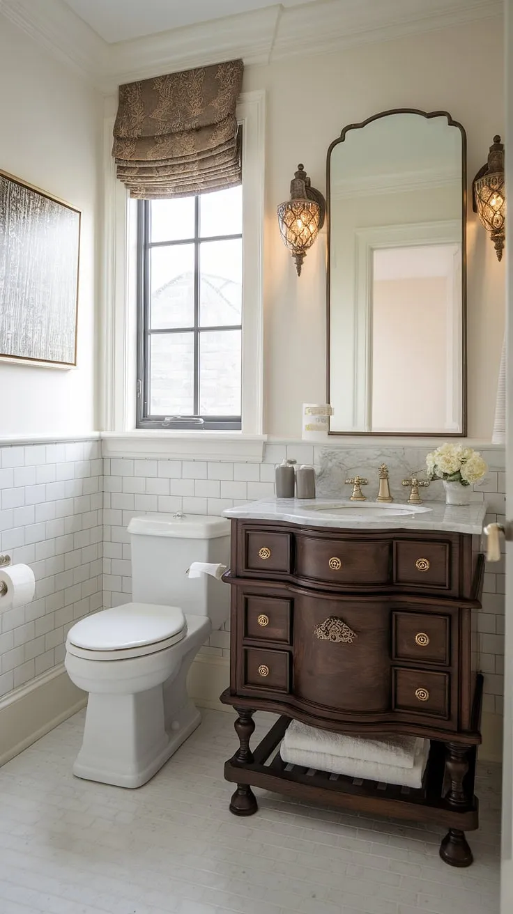Maximize style in your small guest bathroom with this stunning powder room vanity. This custom bathroom showcases how a custom bathroom vanity can transform a small powder room or even the smallest of half baths. Clever design makes this tiny powder room feel spacious and sophisticated. Perfect inspiration for small guest bathroom ideas.