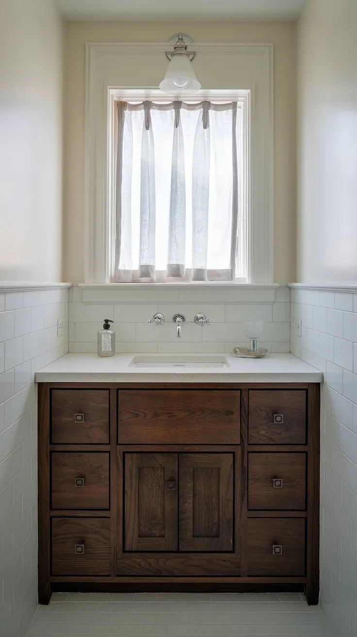 This custom bathroom vanity proves that even tiny powder rooms can be luxurious. Perfect small guest bathroom ideas for half baths and maximizing space in a small guest bathroom.